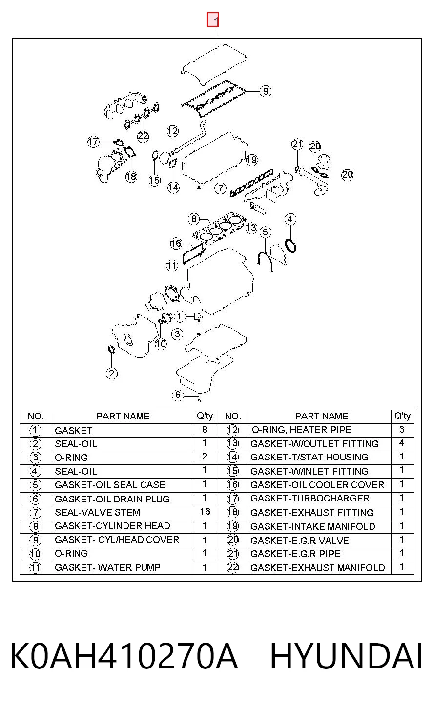 Kit de vedantes de motor completo Hyundai H-1 STAREX Starex TQ