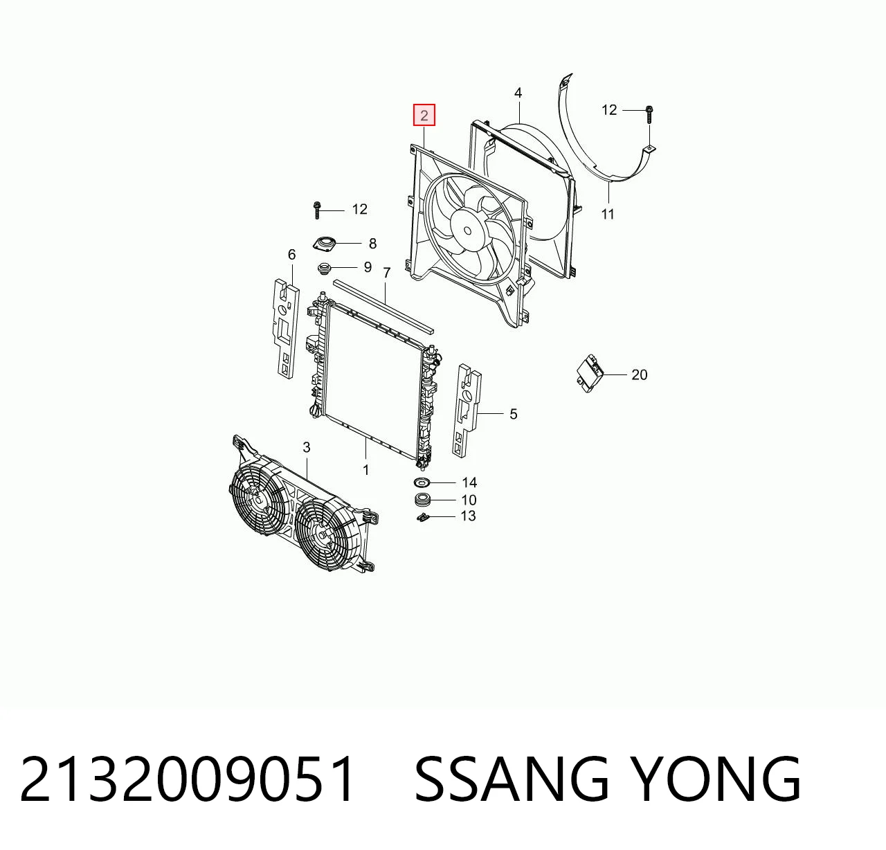 2132009051 Ssang Yong Ventilador elétrico de esfriamento montado (motor + roda de aletas)