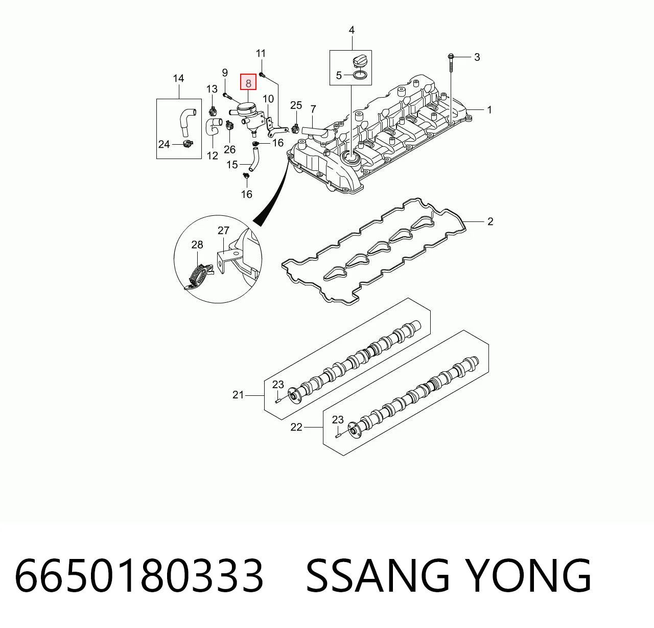 6650180333 Ssang Yong Separador de óleo (separador) do sistema de ventilação de cárter