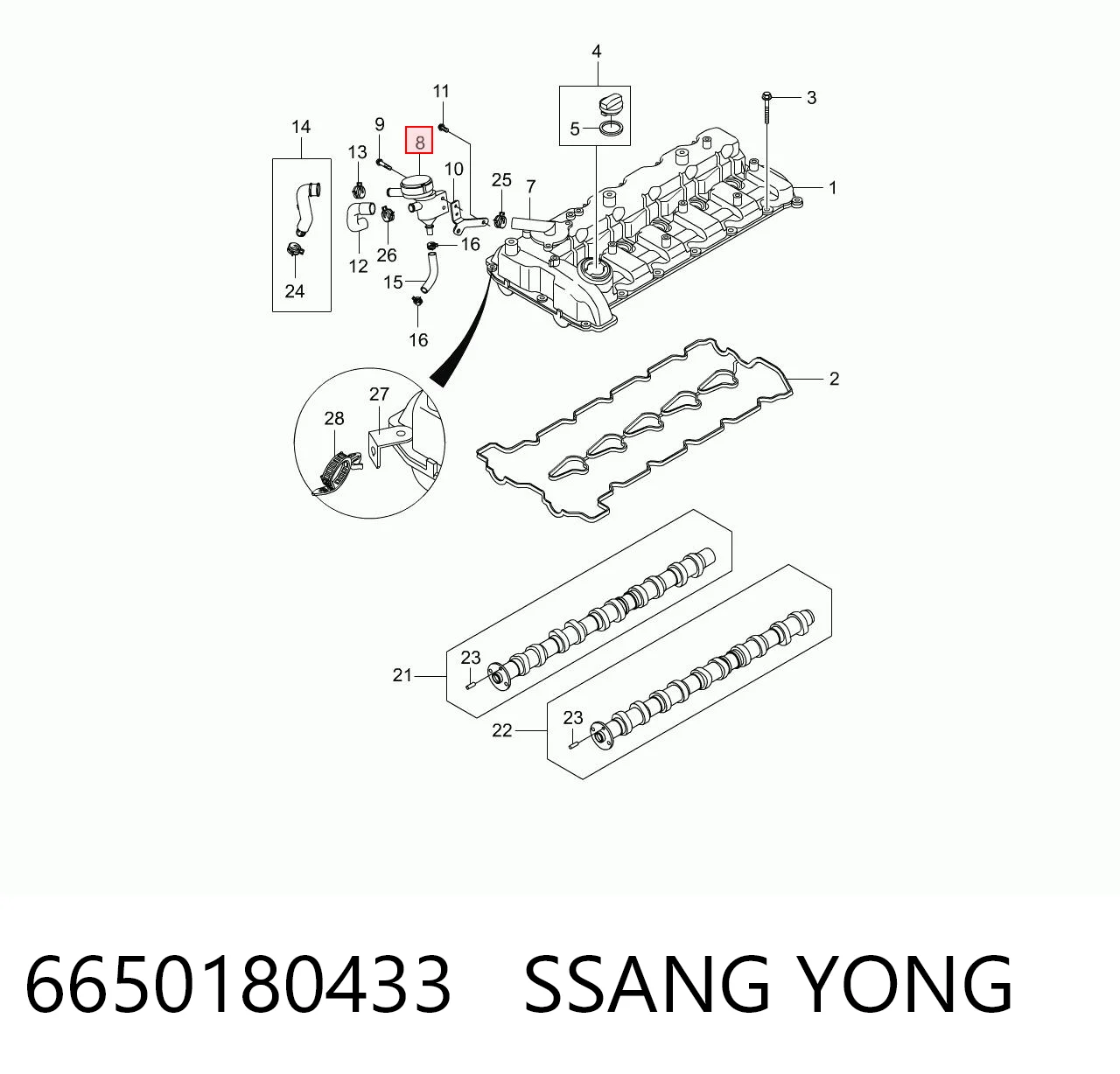 6650180433 Ssang Yong Separador de óleo (separador) do sistema de ventilação de cárter