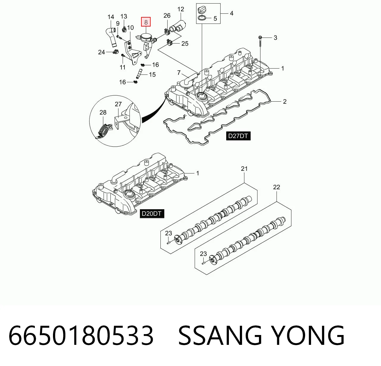 6650180533 Ssang Yong Separador de óleo (separador) do sistema de ventilação de cárter