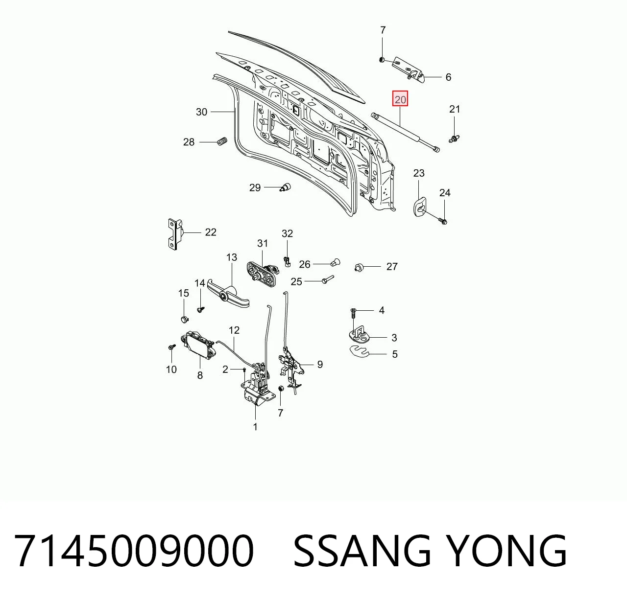7145009000 Ssang Yong Amortecedor de tampa de porta-malas (de 3ª/5ª porta traseira)