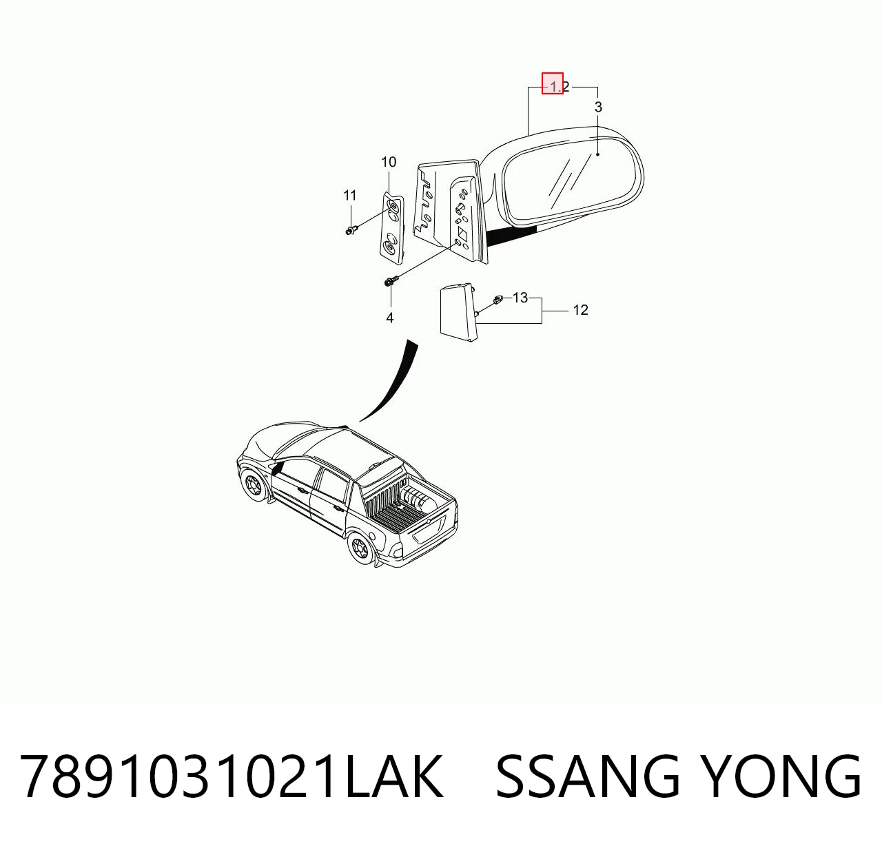 Espelho de retrovisão esquerdo para SsangYong Actyon SPORTS QJ