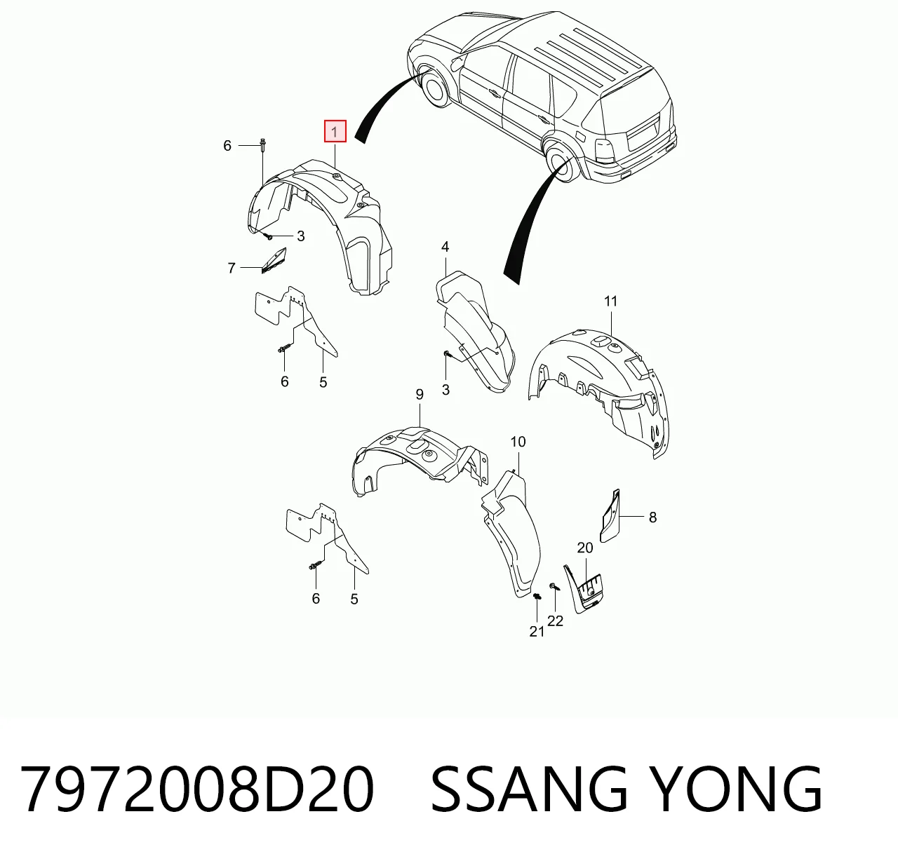  Guarda-barras direito do pára-lama dianteiro SsangYong Rexton I SUV (RJN) (2006 - 2012) I