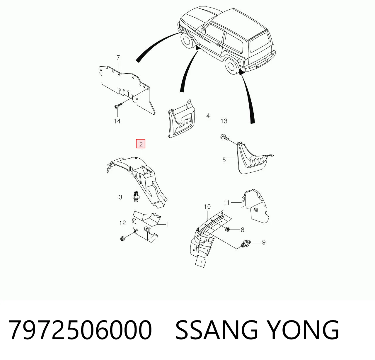 Guarda-barras direito do pára-lama dianteiro para SsangYong Korando KJ