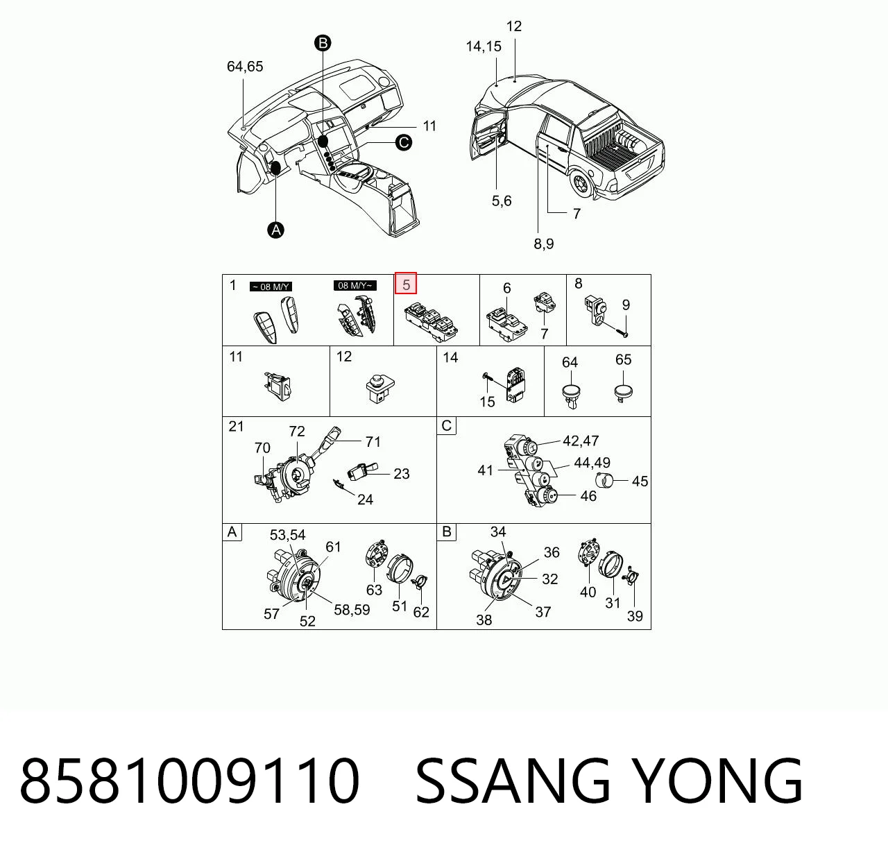 8581009110 Ssang Yong Unidade de botões dianteira esquerda de controlo de elevador de vidro