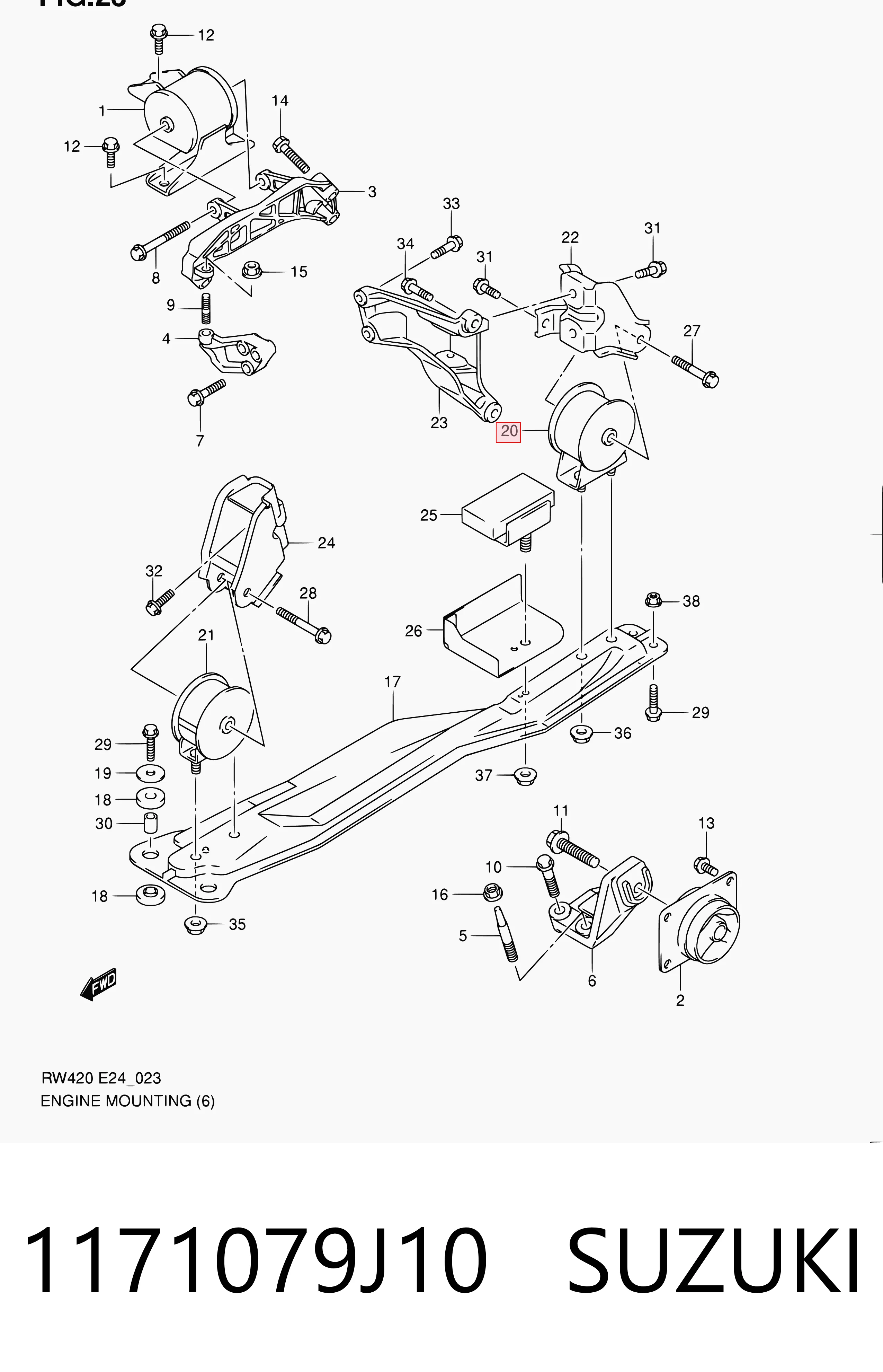 1171079J10 Suzuki Coxim (suporte) traseiro de motor