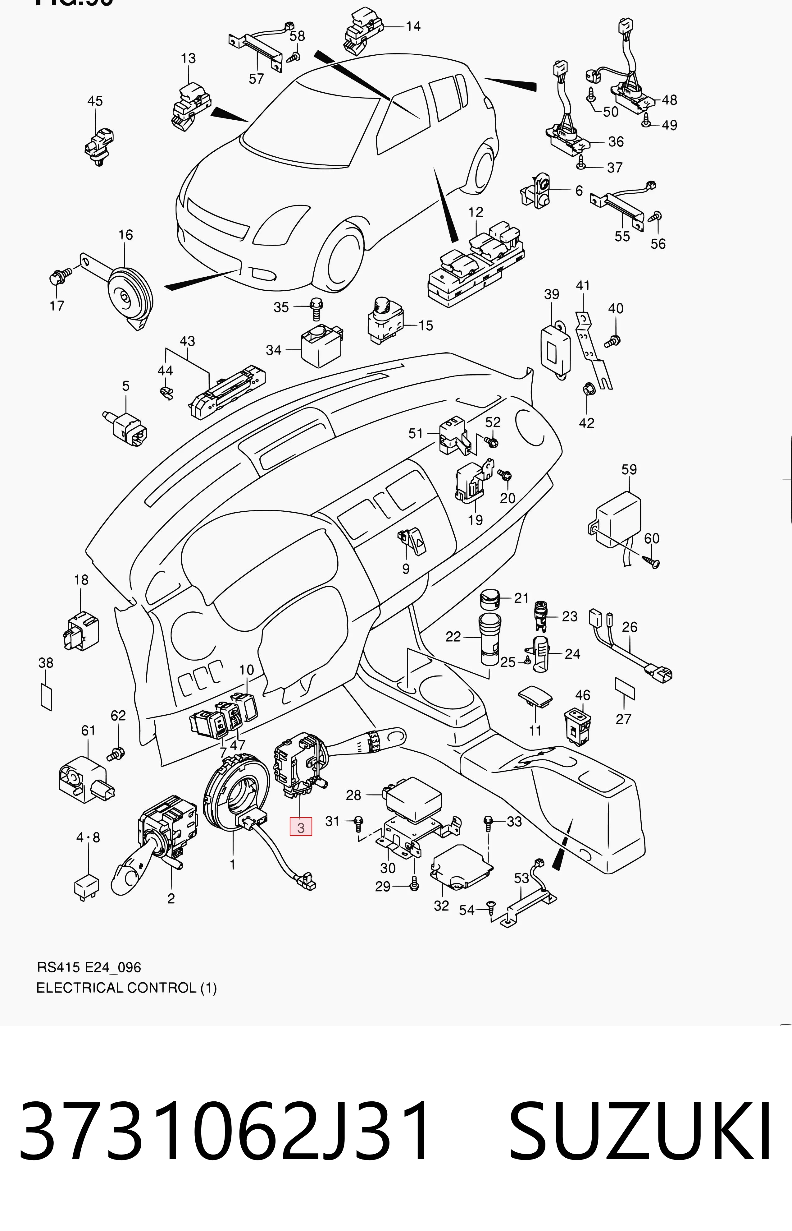 3731062J31 Suzuki Comutador direito instalado na coluna da direção