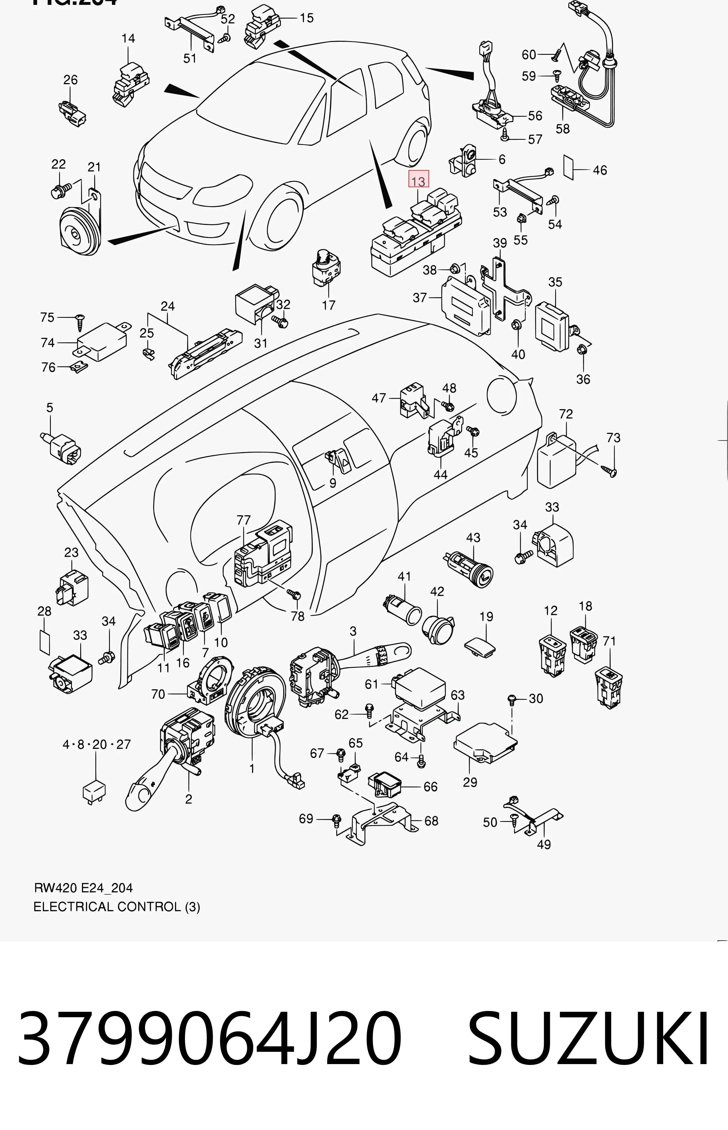 3799064J20 Suzuki Unidade de botões dianteira esquerda de controlo de elevador de vidro