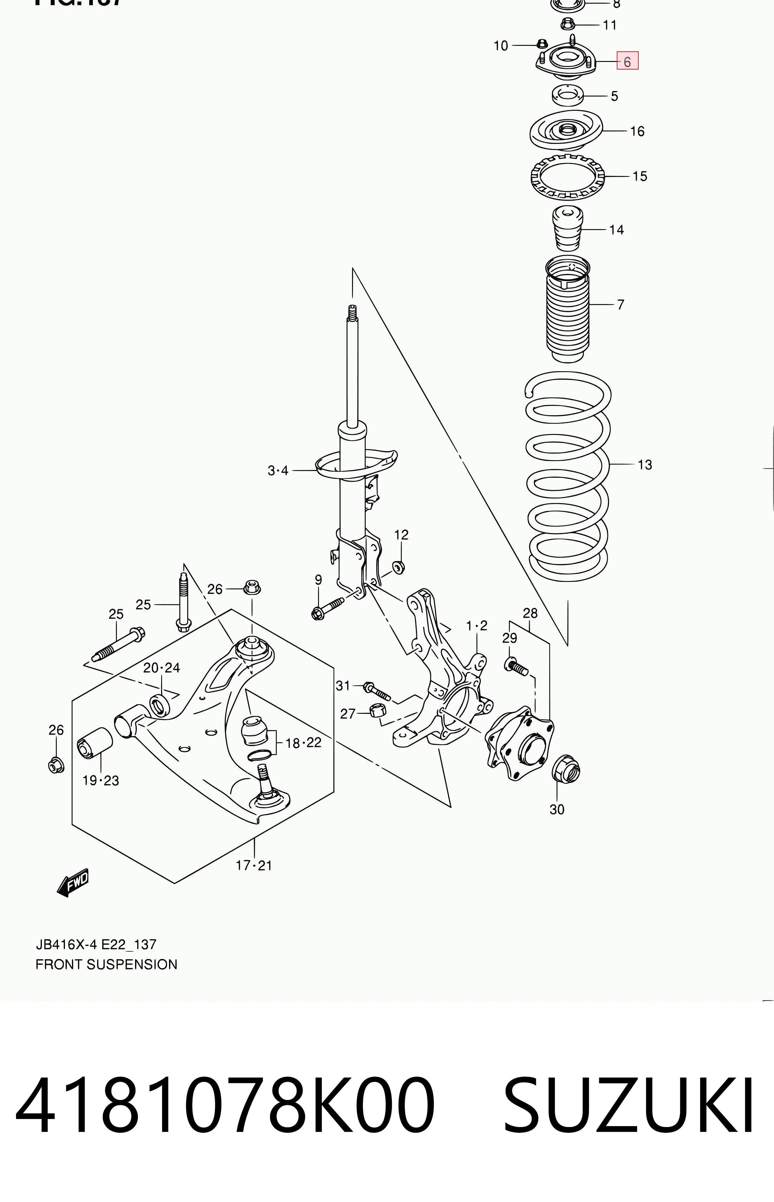 4181078K00 Suzuki Suporte de amortecedor dianteiro