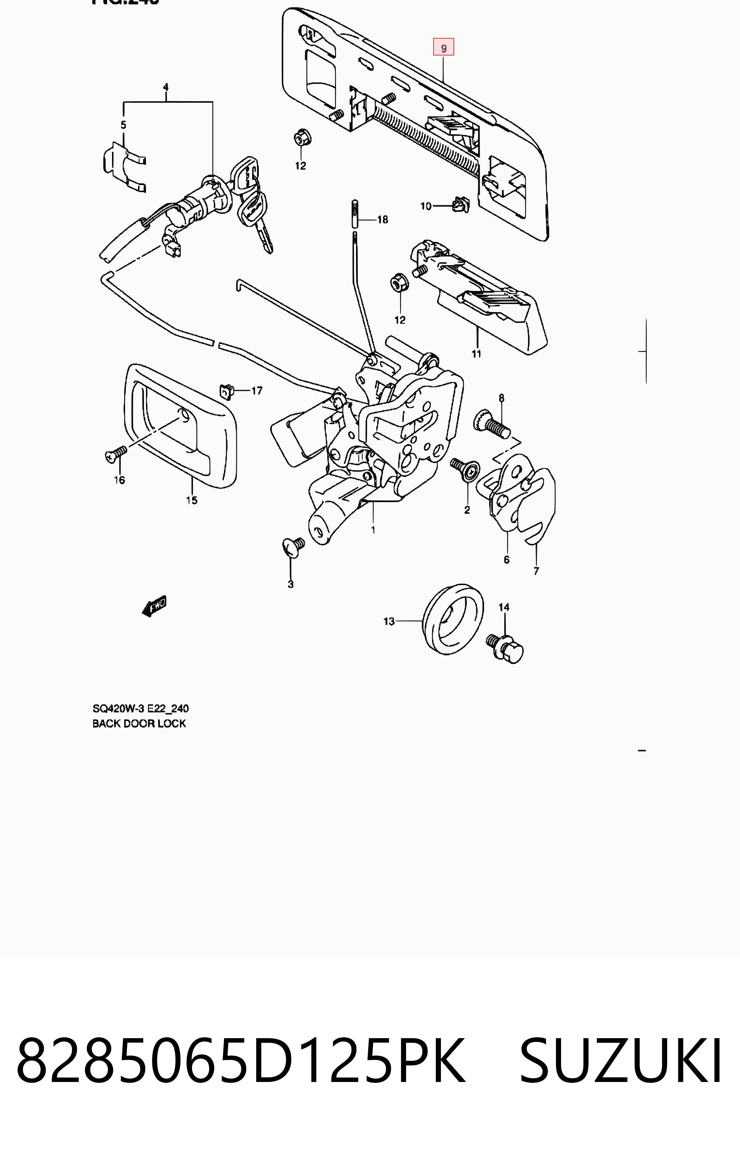 8285065D125PK Suzuki Puxador externo de tampa de porta-malas (de 3ª/5ª porta traseira)