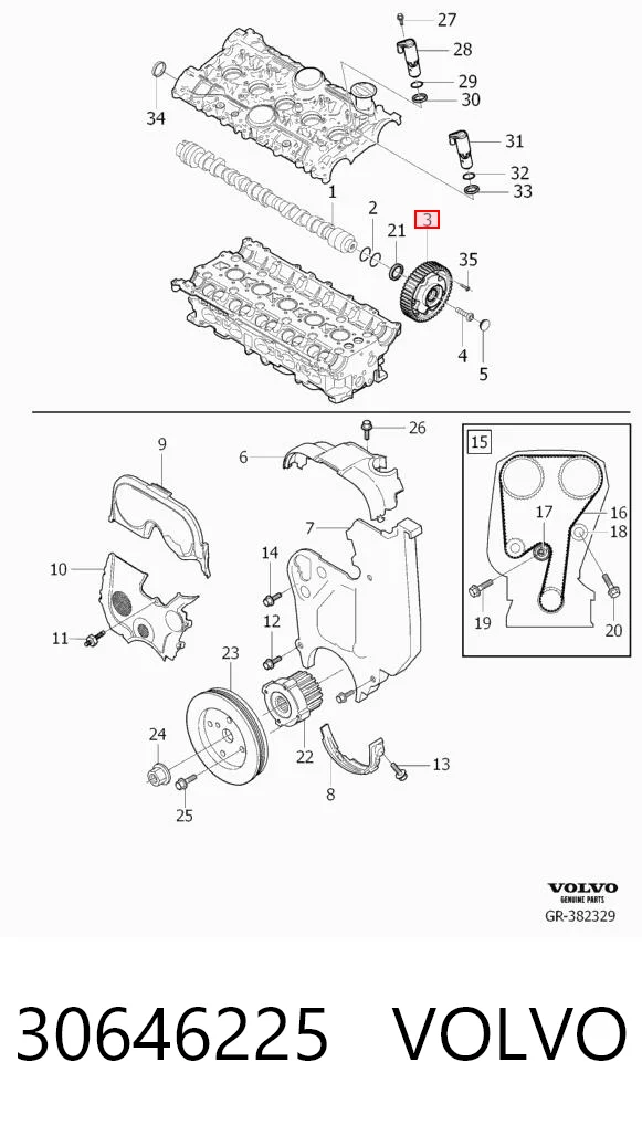 30646225 Volvo Engrenagem de cadeia de roda dentada da árvore distribuidora de escape de motor