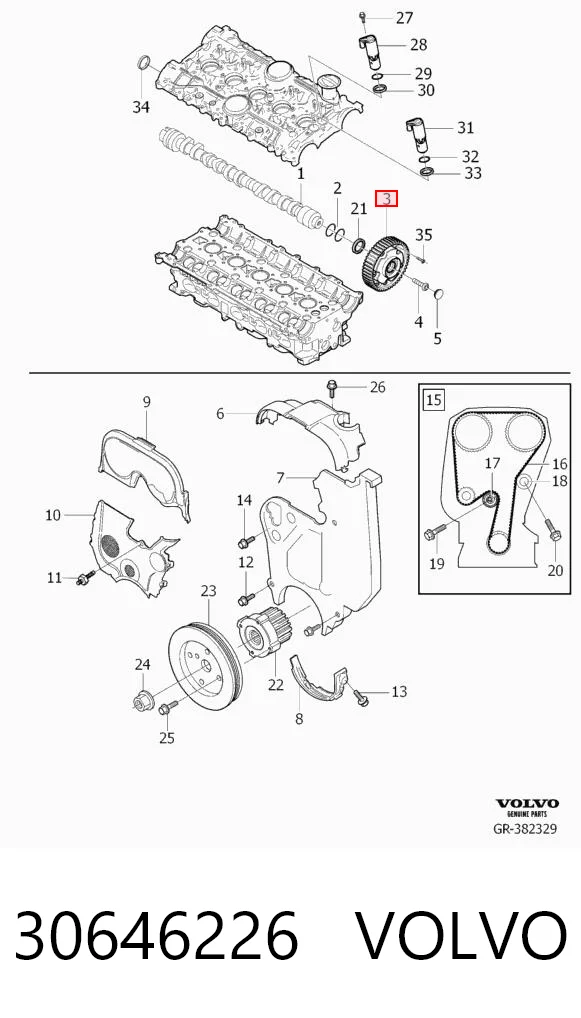 30646226 Volvo Engrenagem de cadeia de roda dentada da árvore distribuidora de admissão de motor