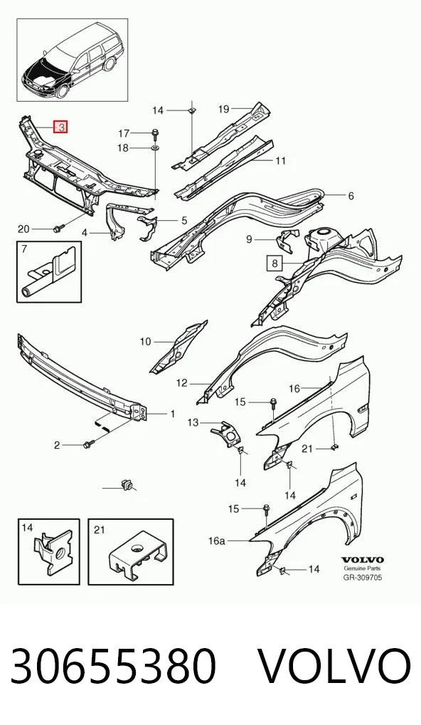 Suporte do radiador montado (painel de montagem de fixação das luzes) para Volvo S60 I RS, RH