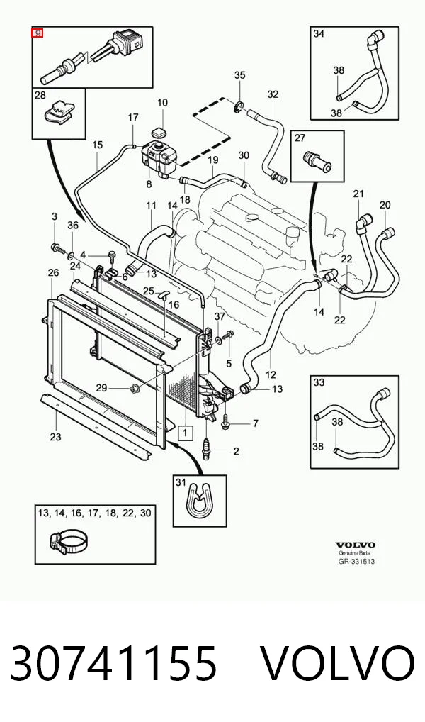 30741155 Volvo Sensor do nível do fluido de esfriamento no tanque