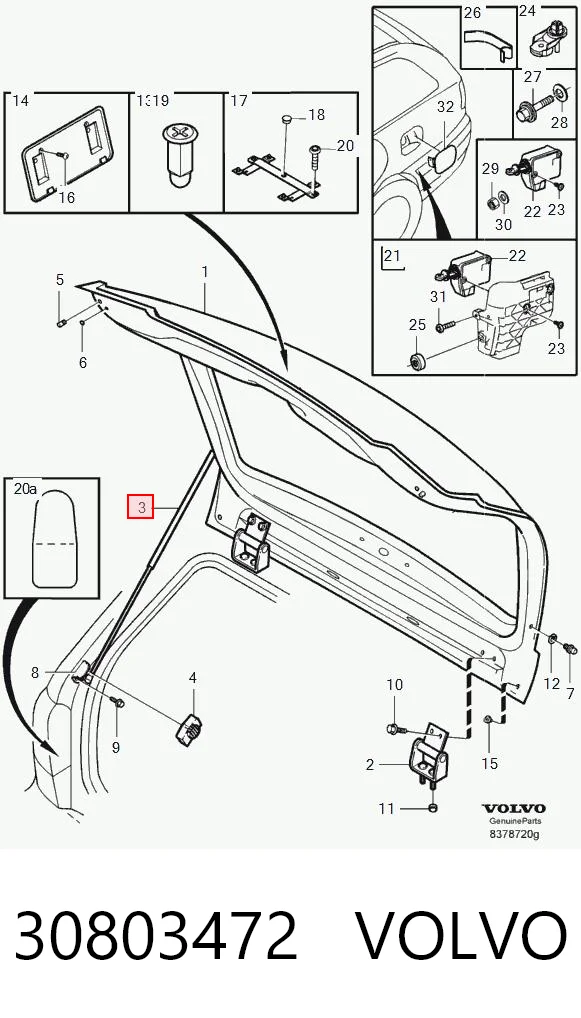 30803472 Volvo Amortecedor de tampa de porta-malas (de 3ª/5ª porta traseira)