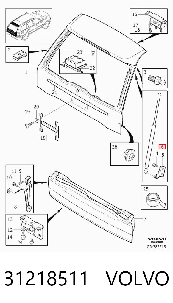 31218511 Volvo Amortecedor de tampa de porta-malas (de 3ª/5ª porta traseira)