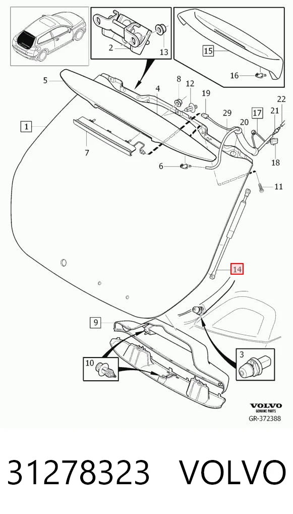31278323 Volvo Amortecedor de tampa de porta-malas (de 3ª/5ª porta traseira)