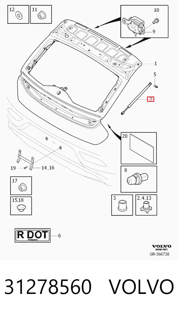 31278560 Volvo Amortecedor de tampa de porta-malas (de 3ª/5ª porta traseira)