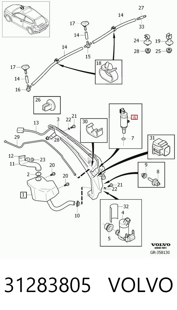 31283805 Volvo Bomba de motor de fluido para lavador de vidro dianteiro