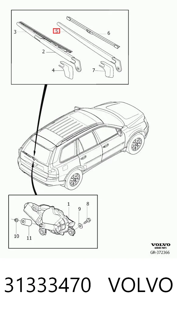 31333470 Volvo Braço de limpa-pára-brisas de vidro traseiro