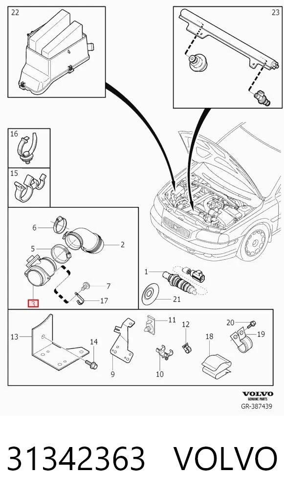 31342363 Volvo Sensor de fluxo (consumo) de ar, medidor de consumo M.A.F. - (Mass Airflow)