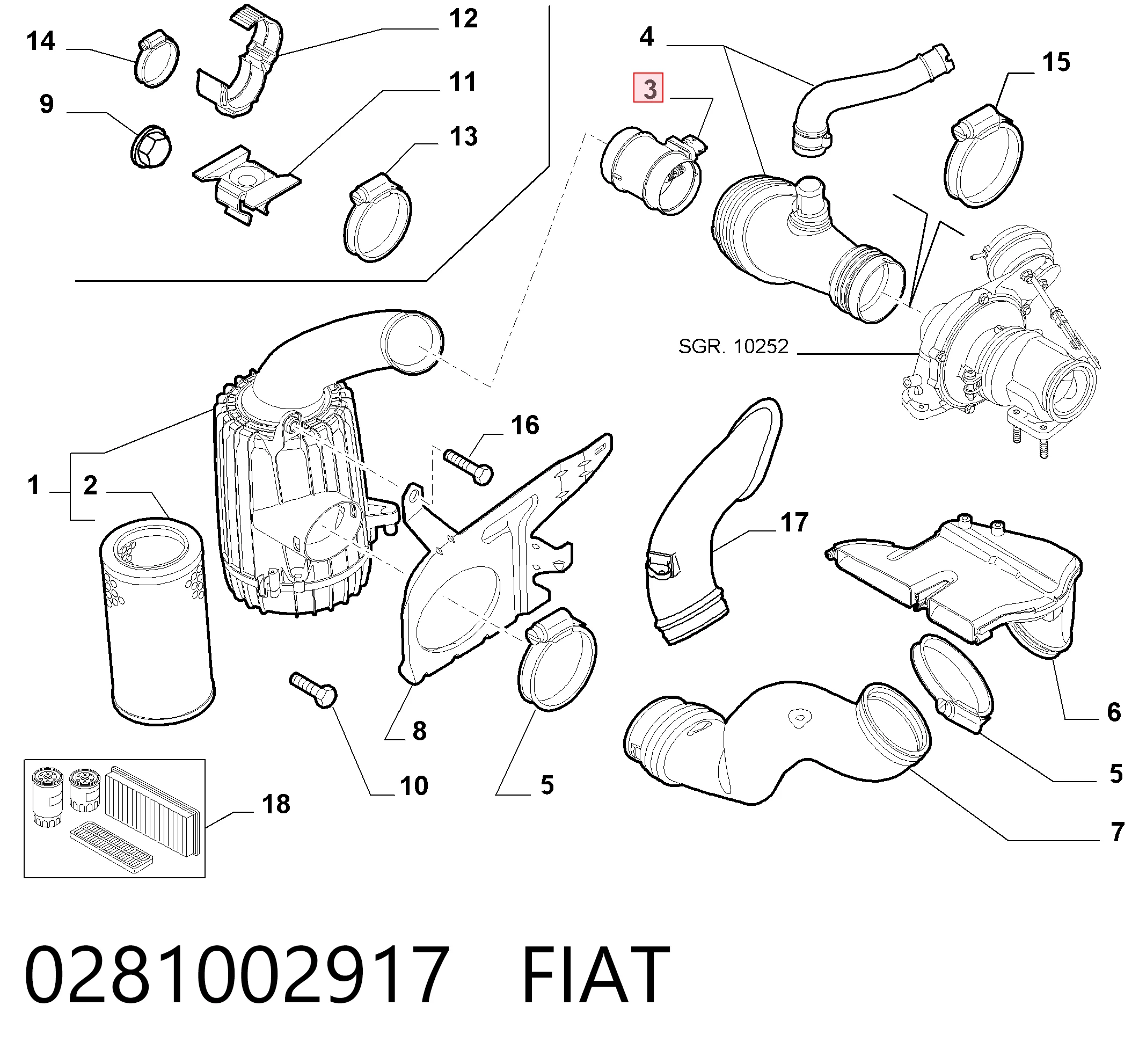 0281002917 Fiat/Alfa/Lancia Sensor de fluxo (consumo) de ar, medidor de consumo M.A.F. - (Mass Airflow)