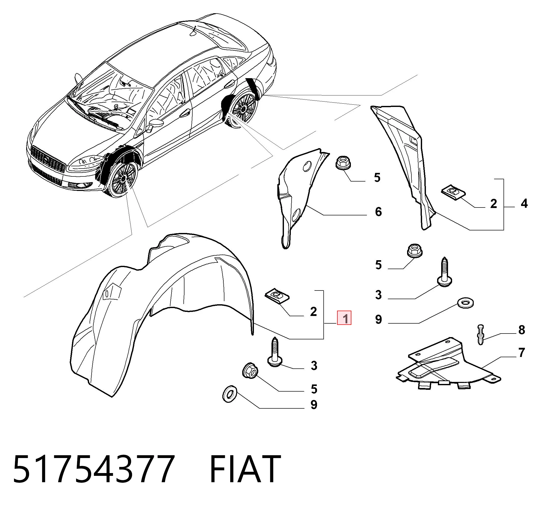 Guarda-barras direito do pára-lama dianteiro Fiat Linea sedan (323) (2007 - 2026) 