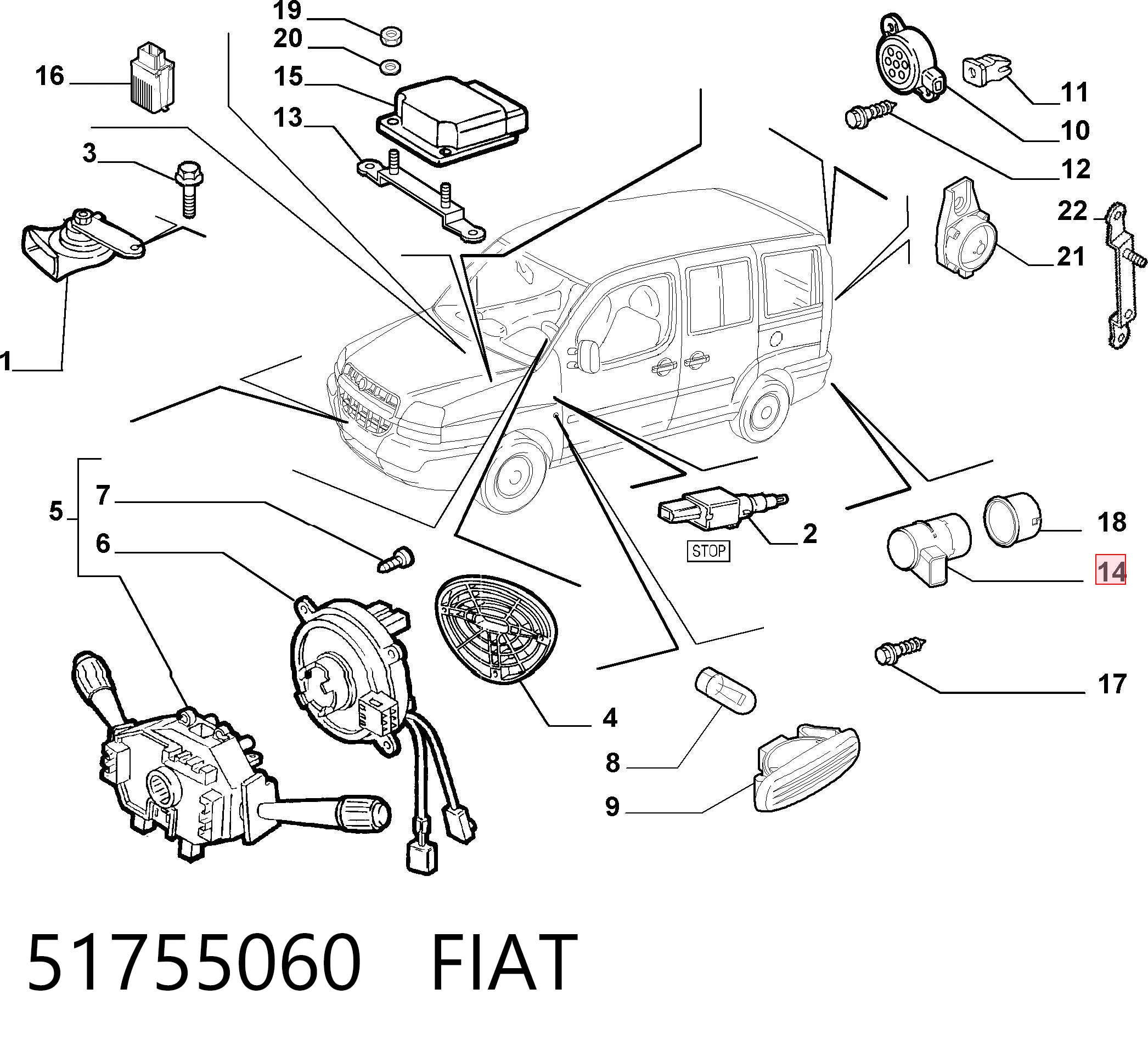 51755060 Fiat/Alfa/Lancia Sensor de sinalização de estacionamento (sensor de estacionamento) dianteiro/traseiro central