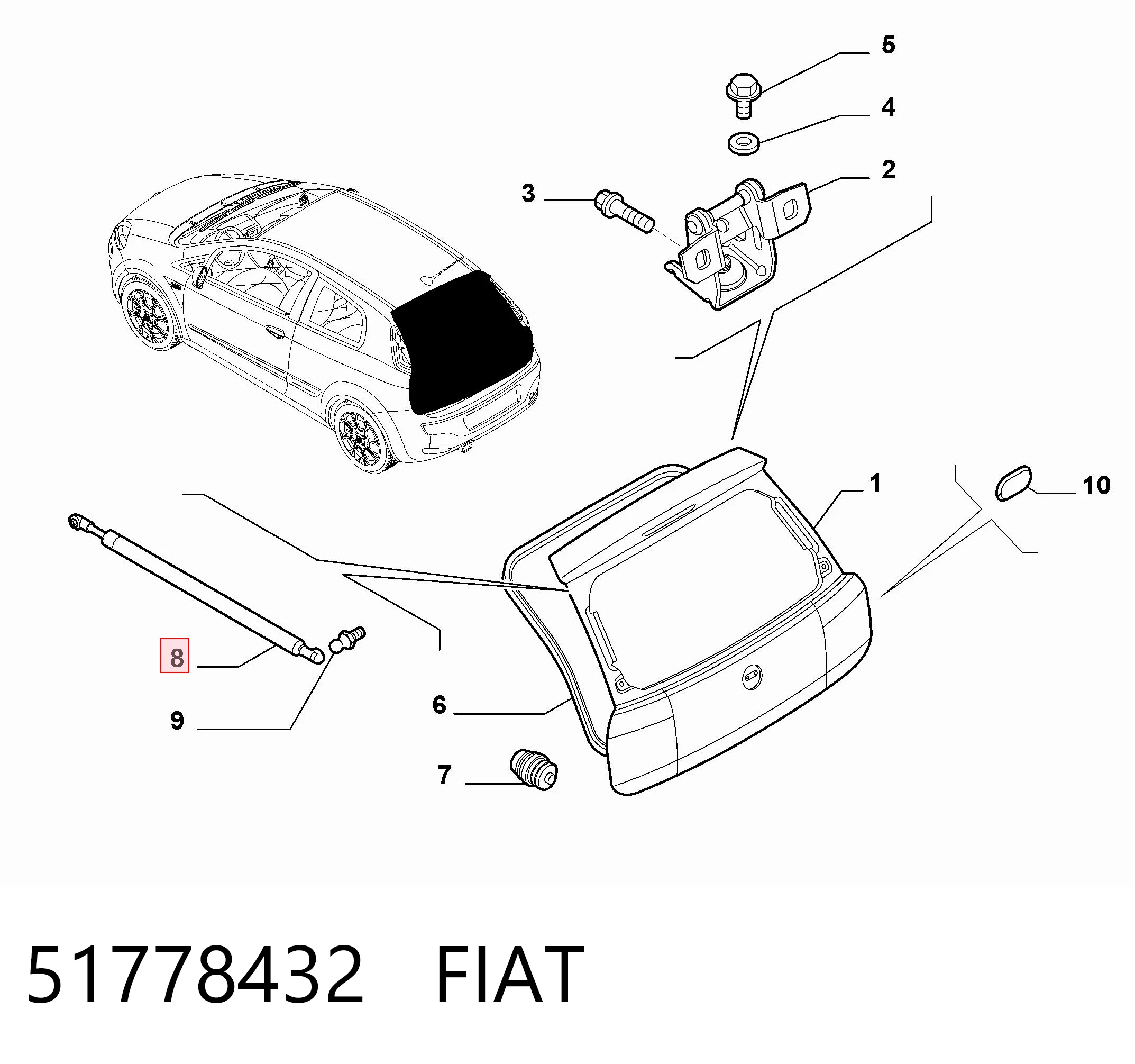 51778432 Fiat/Alfa/Lancia Amortecedor de tampa de porta-malas (de 3ª/5ª porta traseira)