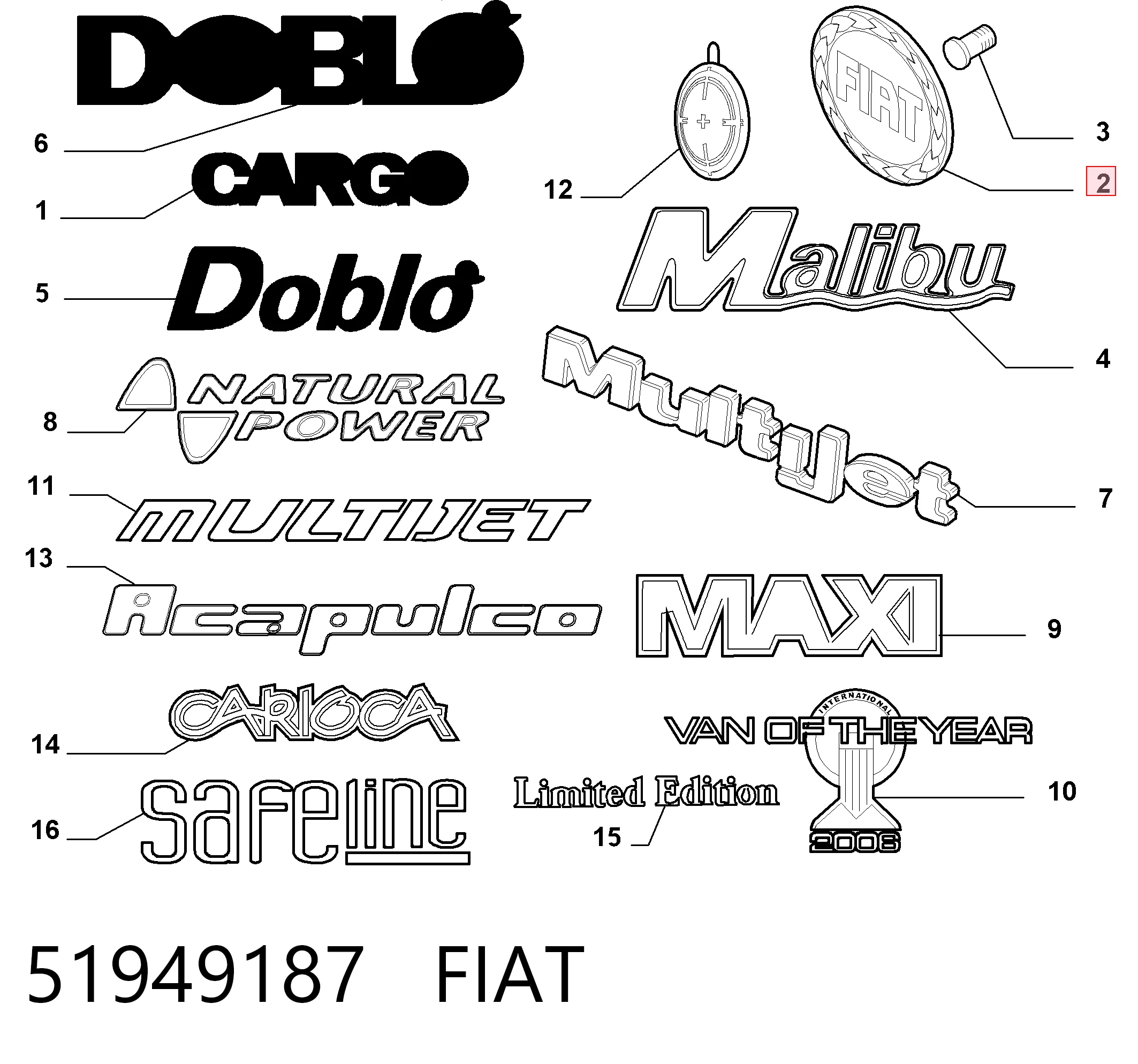 Emblema de tampa de porta-malas (emblema de firma) para Fiat Doblo I 119