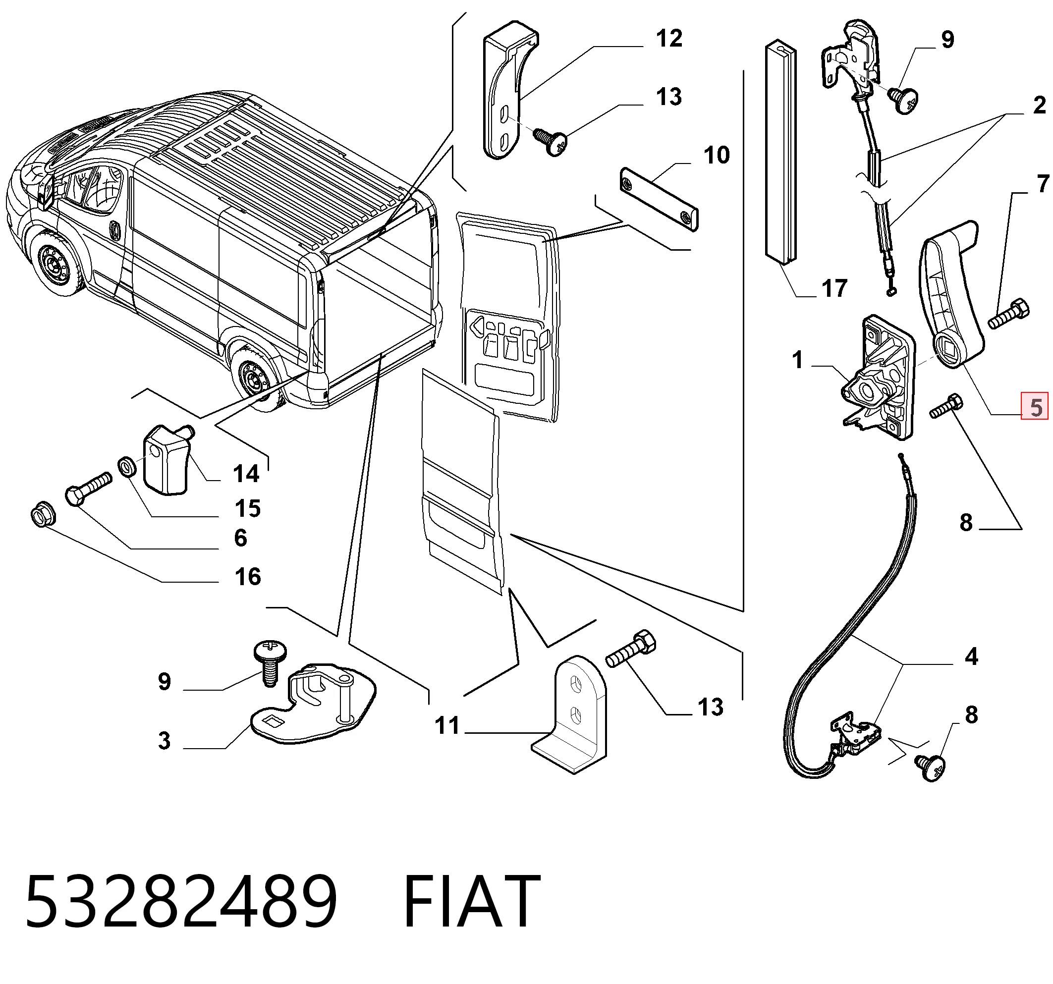 53282489 Fiat/Alfa/Lancia Maçaneta esquerda interna da porta traseira (batente)