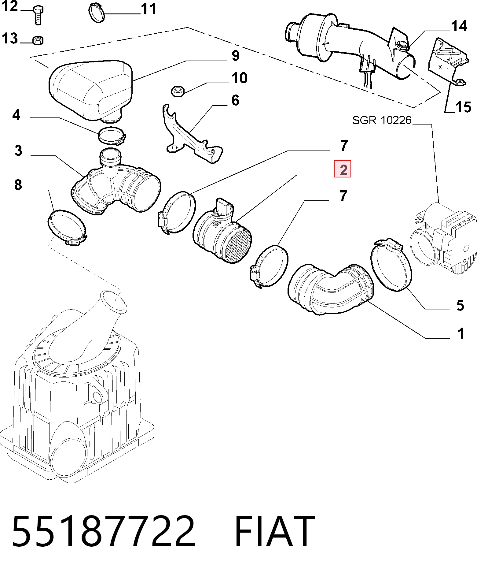Sensor de fluxo (consumo) de ar, medidor de consumo M.A.F. - (Mass Airflow) 55187722 Ferrari