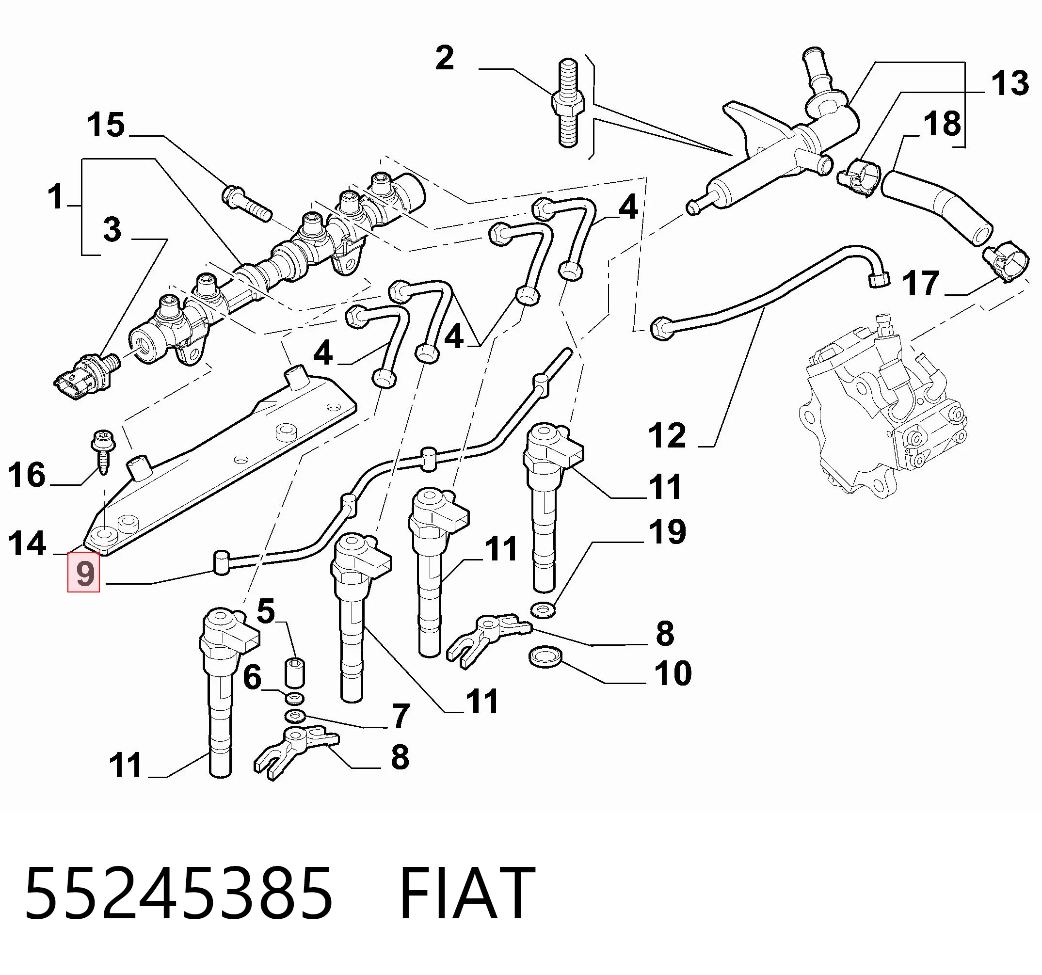 55245385 Fiat/Alfa/Lancia Tubo de combustível, inverso desde os injetores