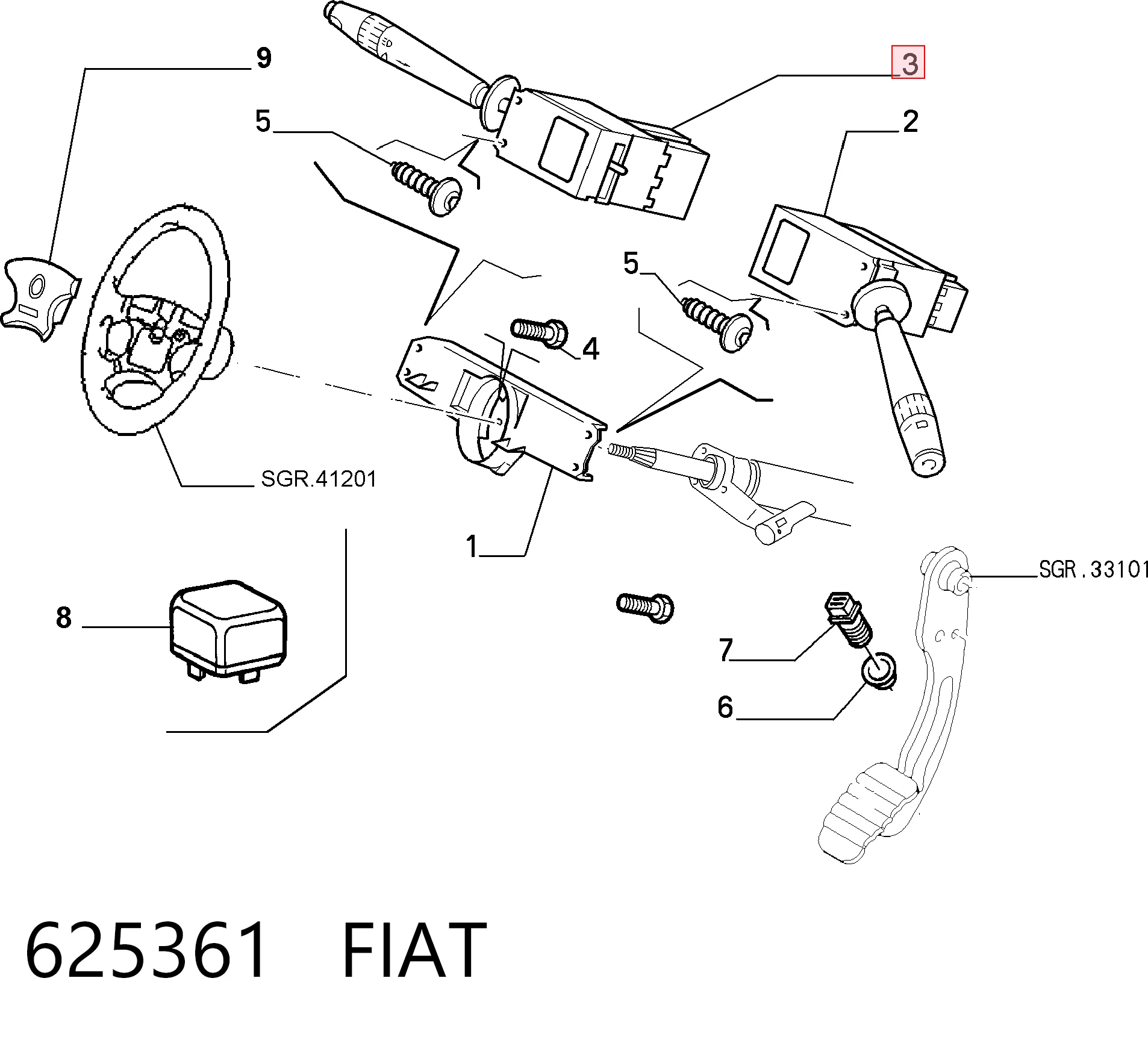 625361 Fiat/Alfa/Lancia Comutador esquerdo instalado na coluna da direção
