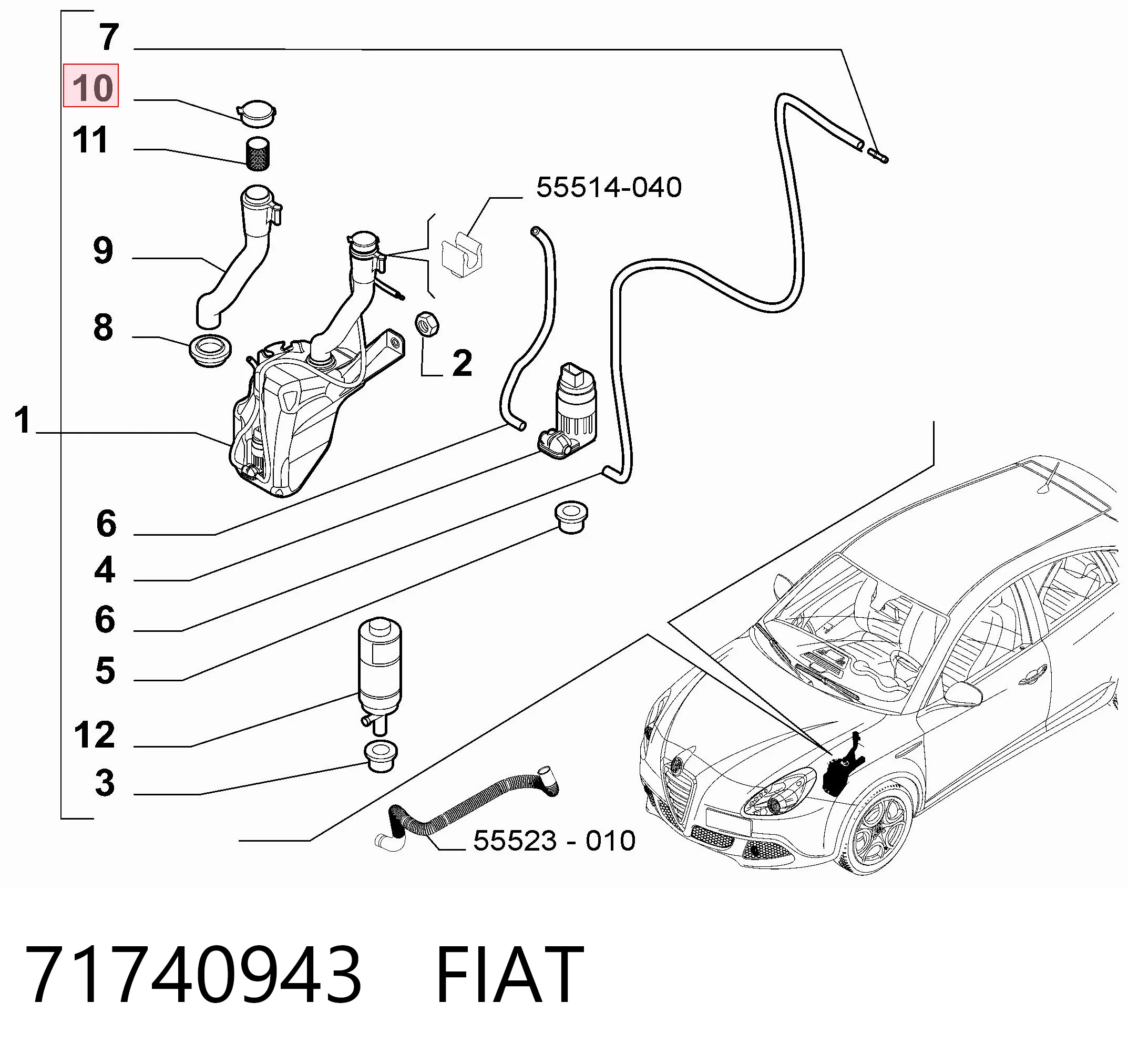 71740943 Fiat/Alfa/Lancia Tampa de tanque de fluido para lavador