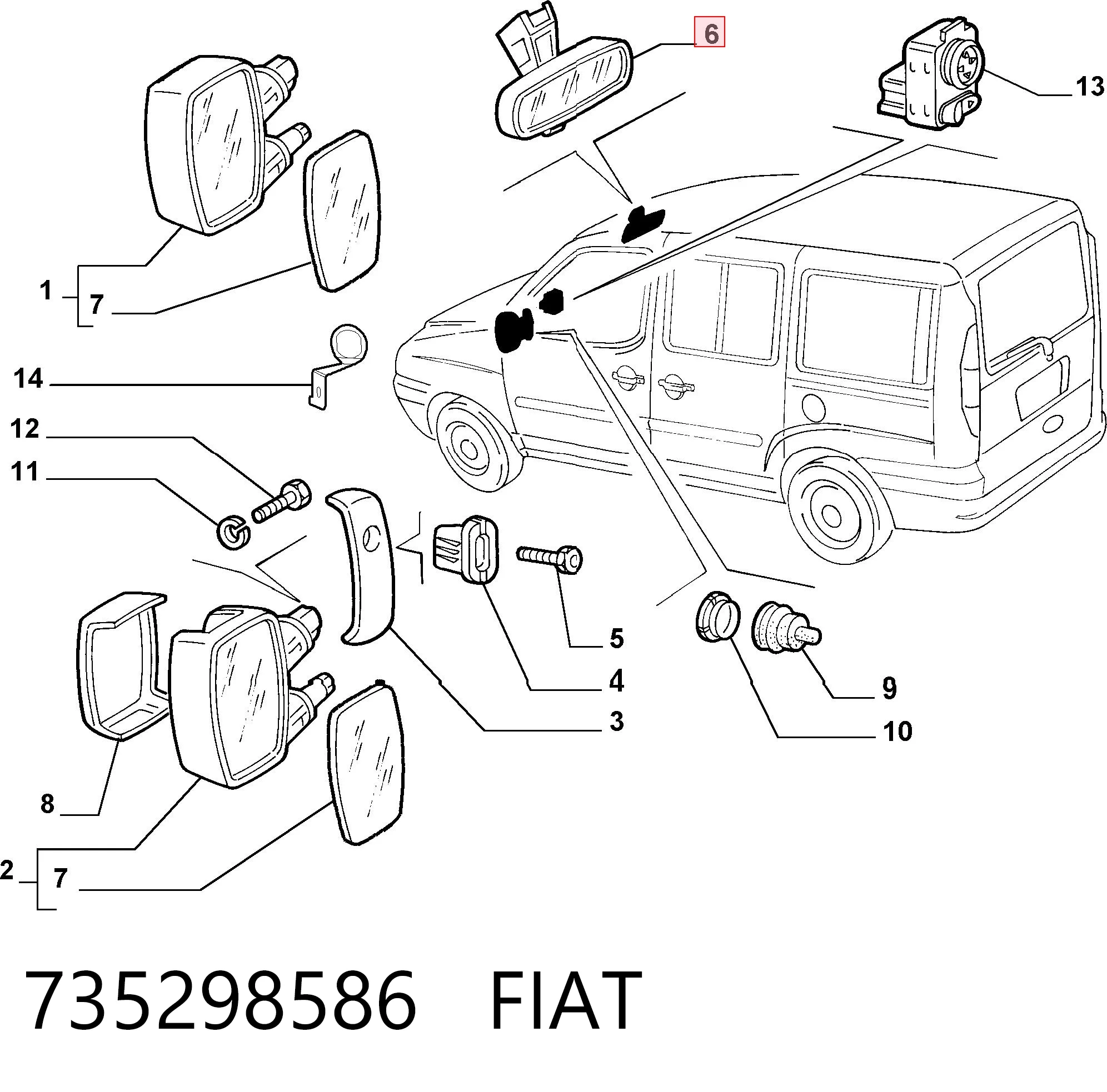 Espelho de salão interno para Fiat Doblo I 223