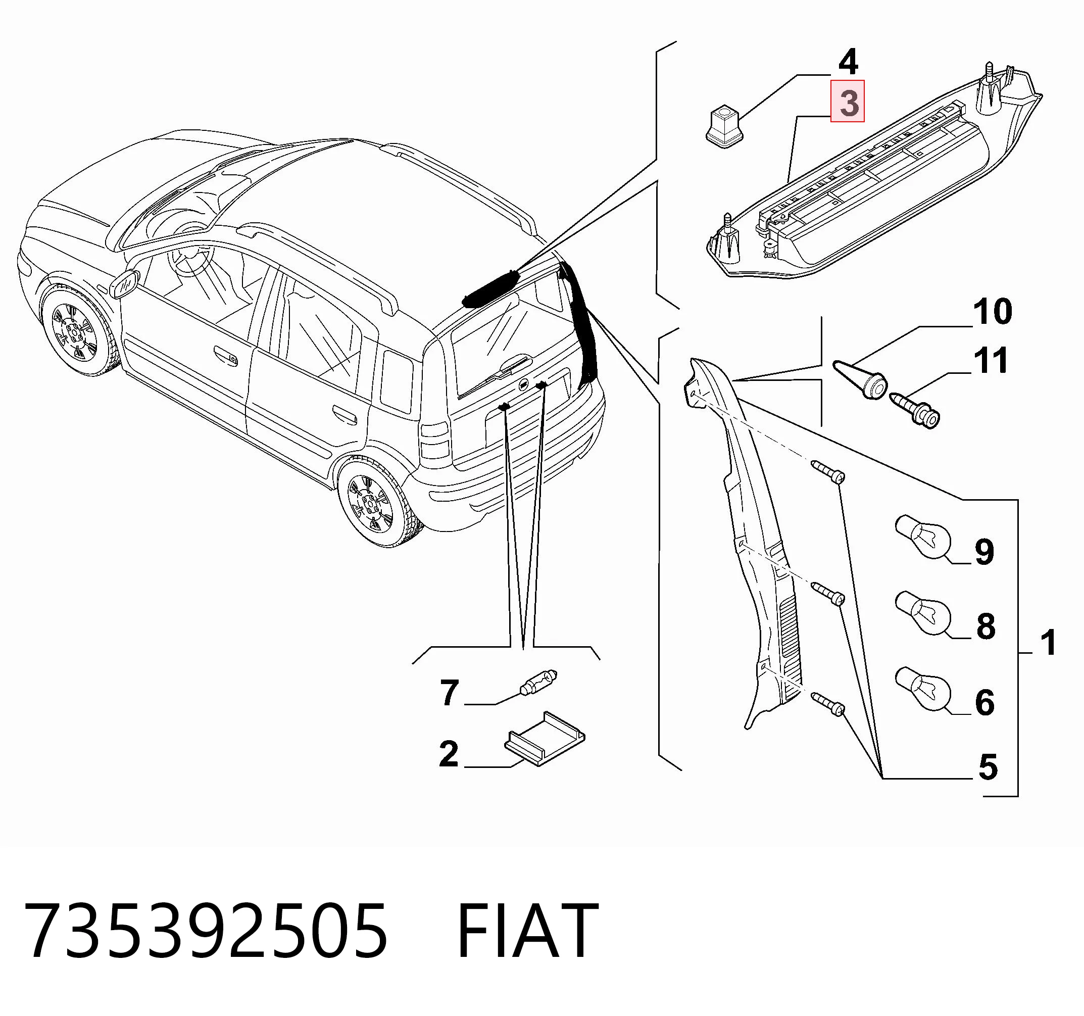Sinal de parada traseiro adicional para Fiat Panda II 169A
