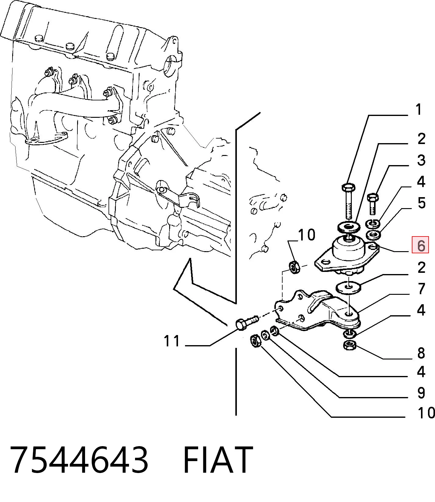 Coxim (suporte) traseiro de motor Fiat Panda I 141A