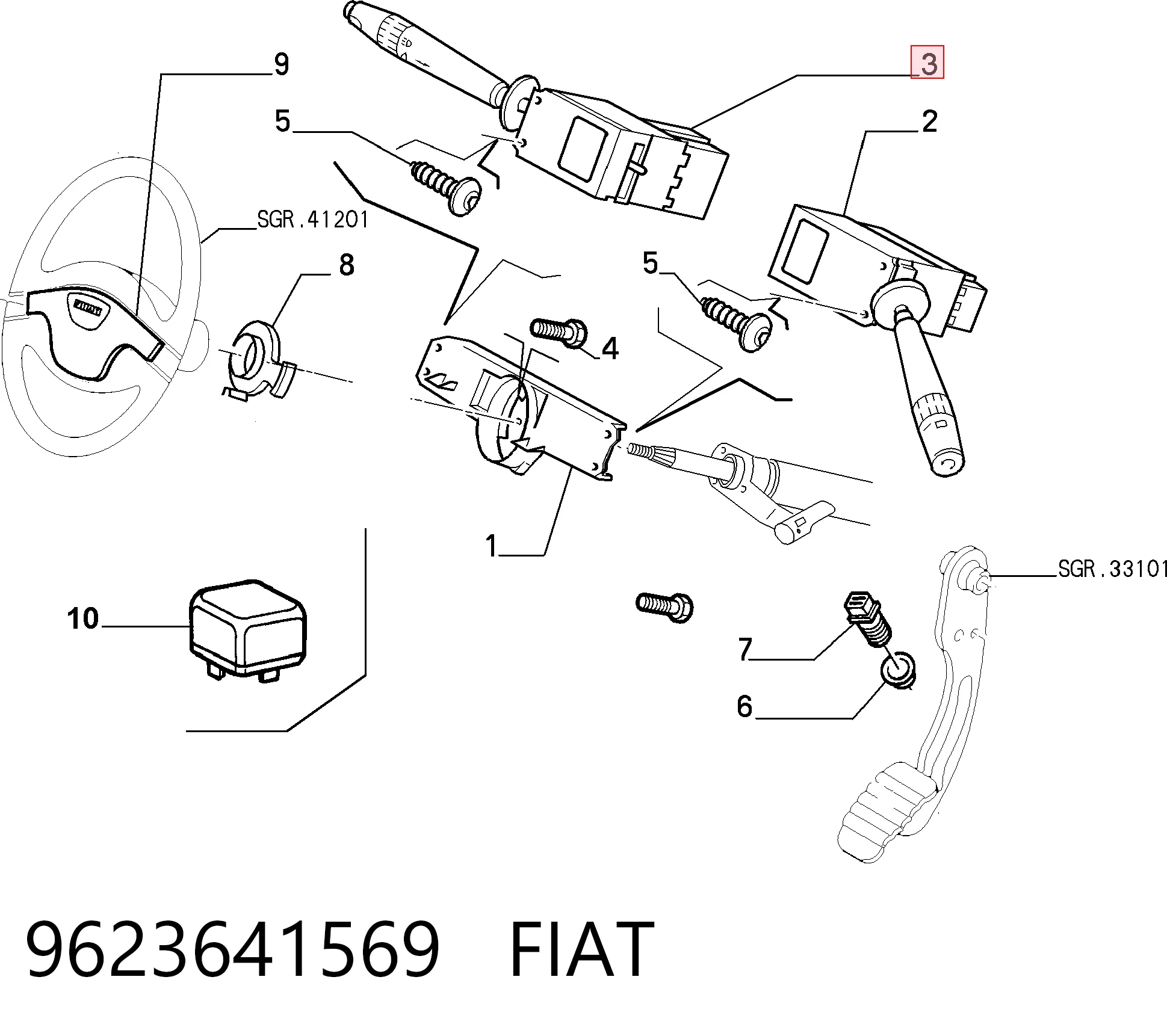 9623641569 Fiat/Alfa/Lancia Comutador esquerdo instalado na coluna da direção