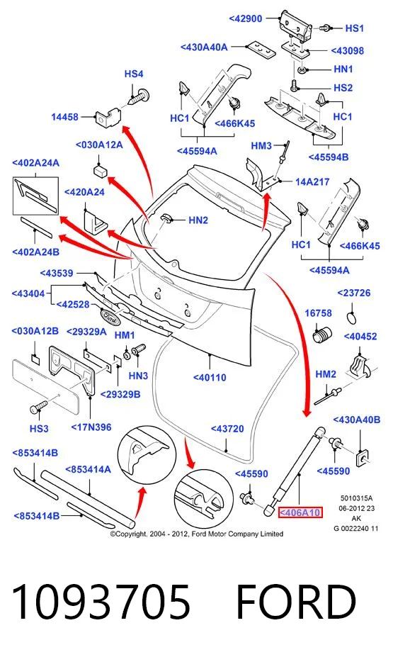 1093705 Ford Amortecedor de tampa de porta-malas (de 3ª/5ª porta traseira)