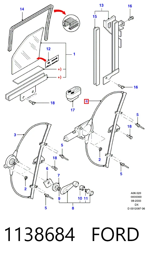  Mecanismo de acionamento de vidro da porta dianteira direita Ford Fiesta COURIER сaixa (F3L, F5L) (1991 - 1996) COURIER