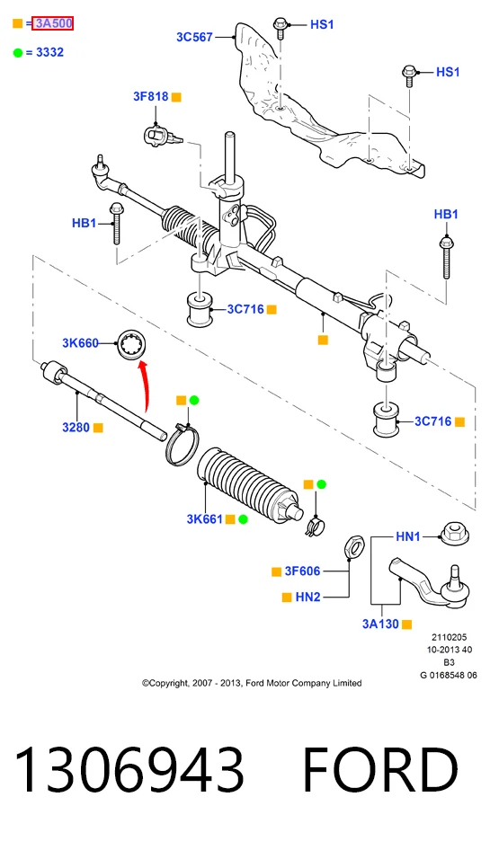 1306943 Ford Cremalheira da direção