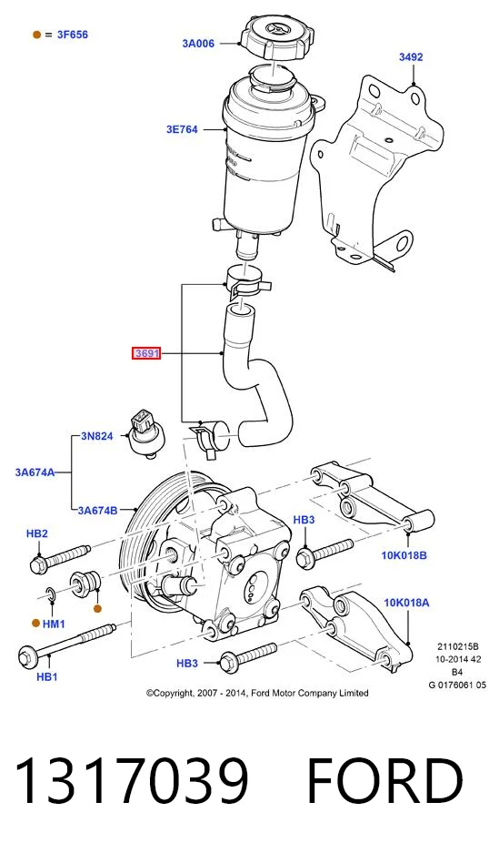 1317039 Ford Mangueira da Direção hidrâulica assistida de pressão baixa, desde o tanque até a bomba