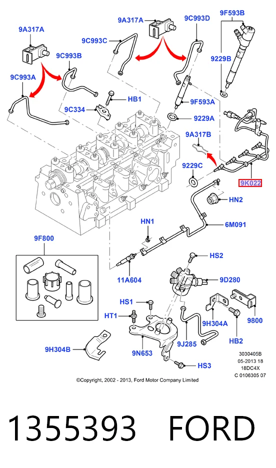 1355393 Ford Tubo de combustível, inverso desde os injetores