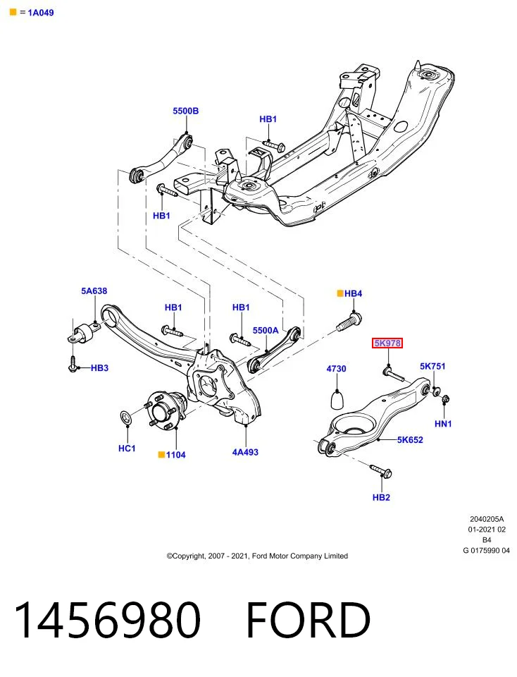 1456980 Ford Parafuso de fixação do braço oscilante inferior traseiro, interno