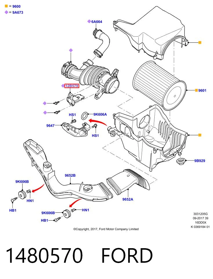 1480570 Ford Sensor de fluxo (consumo) de ar, medidor de consumo M.A.F. - (Mass Airflow)