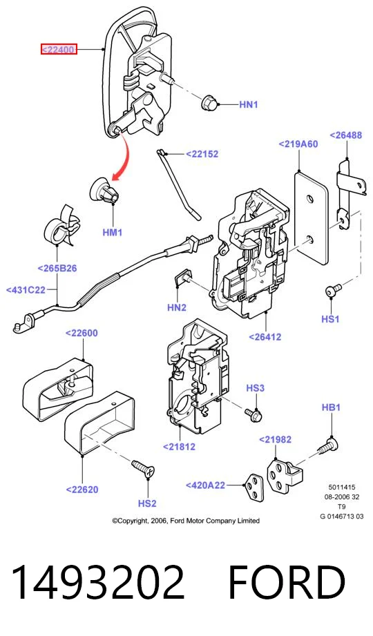 1493202 Ford Maçaneta dianteira esquerda externa da porta