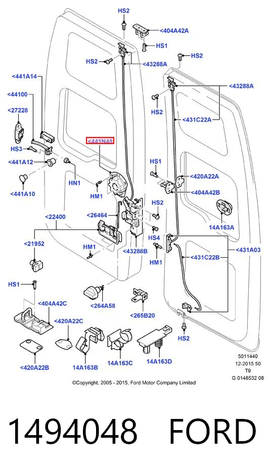 1494048 Ford Maçaneta direita interna da porta traseira (batente)