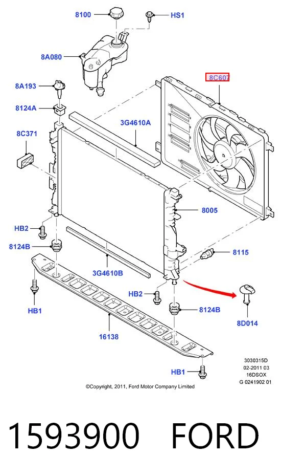1593900 Ford Difusor do radiador de esfriamento, montado com motor e roda de aletas